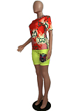 Red Casual Polyester Tie Dye Letter Short Sleeve Round Neck Tee Top Shorts Sets MDF5201