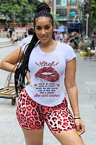Red Casual Leopard Mouth Graphic Short Sleeve Round Neck Tee Top Shorts Sets W8276
