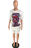 White Casual Figure Graphic Short Sleeve Round Neck Tee Top Shorts Sets W8272