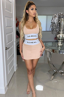 Pink Casual Polyester Letter Sleeveless Scoop Neck Tank Top Above Knee / Short Skirt MR2028