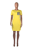 Yellow Casual Leopard Short Sleeve Round Neck Shift Dress WA5010