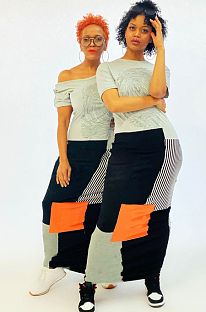 Gray Casual Striped Short Sleeve Round Neck Spliced Shift Dress SDD9252
