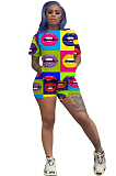 Multi Casual Polyester Colorblock Mouth Graphic Short Sleeve Round Neck Tee Top Shorts Sets MDF5132