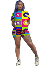 Multi Casual Polyester Colorblock Mouth Graphic Short Sleeve Round Neck Tee Top Shorts Sets MDF5132