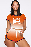 Black Sporty Polyester Letter Gradient Ramp Short Sleeve Round Neck Crop Top Shorts Sets MDF5139