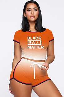 Orange Sporty Polyester Letter Gradient Ramp Short Sleeve Round Neck Crop Top Shorts Sets MDF5139