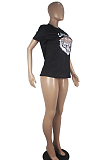 Black Casual Polyester Animal Graphic Short Sleeve Round Neck Tee Top SDD9256