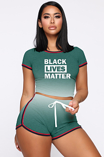 Green Sporty Polyester Letter Gradient Ramp Short Sleeve Round Neck Crop Top Shorts Sets MDF5139