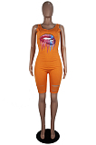 Orange Casual Polyester Mouth Graphic Sleeveless Round Neck Tank Jumpsuit SDD9257
