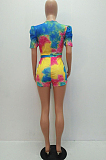 Multi Casual Polyester Tie Dye Short Sleeve Deep V Neck Knotted Strap Bodycon Jumpsuit MR2034