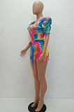 Multi Casual Polyester Tie Dye Short Sleeve Deep V Neck Knotted Strap Bodycon Jumpsuit MR2034