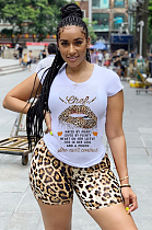 Yellow Casual Leopard Mouth Graphic Short Sleeve Round Neck Tee Top Shorts Sets W8276