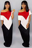 Red Yellow Casual Geometric Graphic Short Sleeve Round Neck Spliced A Line Dress TRS930