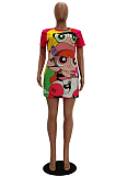 Multi Casual Cartoon Graphic Short Sleeve Round Neck Shift Dress TRS1041
