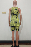 Yellow Casual Paper Graphic Sleeveless Round Neck Tank Top Shorts Sets ALS181