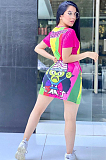 Multi Casual Cartoon Graphic Short Sleeve Round Neck Shift Dress TRS1041