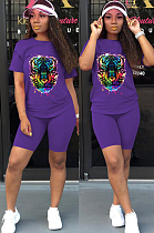 Purple Casual Cotton Short Sleeve Round Neck Tee Top Shorts Sets HH8919