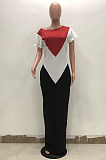 White Red Casual Geometric Graphic Short Sleeve Round Neck Spliced A Line Dress TRS930