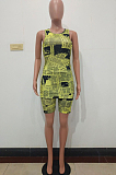 Yellow Casual Paper Graphic Sleeveless Round Neck Tank Top Shorts Sets ALS181