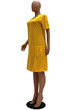 Yellow Casual Short Sleeve Round Neck Flat Pocket Shift Dress TRS1040