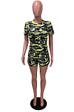 Casual Camo Short Sleeve Round Neck Tee Top Shorts Sets OMY5125