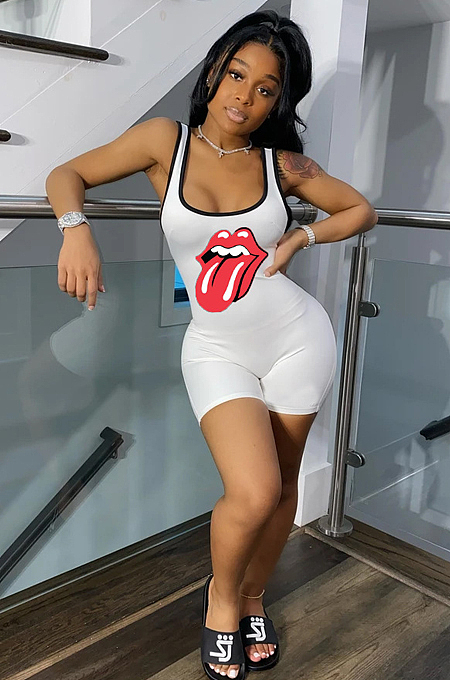 White Casual Polyester Mouth Graphic Sleeveless Round Neck Tank Jumpsuit R6297
