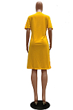 Yellow Casual Short Sleeve Round Neck Flat Pocket Shift Dress TRS1040