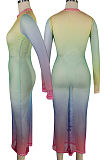 Green Sexy Mesh Long Sleeve Round Neck Long Dress QQM3710