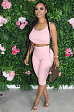 Pink Casual Sleeveless Round Neck Tank Top Cropped Pants Sets TRS1046
