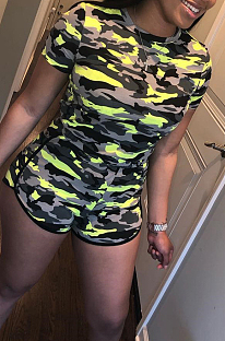 Casual Camo Short Sleeve Round Neck Tee Top Shorts Sets OMY5125