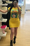 Black Casual Polyester Cartoon Graphic Round Neck Mini Dress TRS792