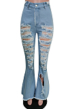 Light Blue Casual Polyester Ripped Flare Leg Pants F8278