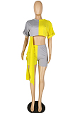 Gray Yellow Casual Short Sleeve Round Neck Spliced Tee Top Skinny Pants YYZ845