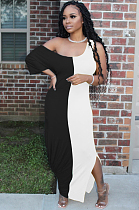 Black White Casual Short Sleeve Spliced High Waist Long Dress TRS1018