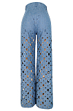Light Blue Casual Polyester Hollow Out Wide Leg Pants YYZ742