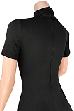 Black Casual Polyester Short Sleeve Mock Neck Zip Back Romper GL6271