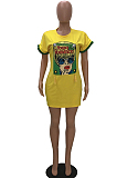 Yellow Casual Polyester Cartoon Graphic Round Neck Mini Dress TRS792