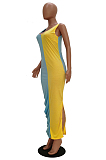 Yellow Black Casual Short Sleeve Spliced High Waist Long Dress TRS1018