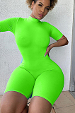 Fluorescent Green Casual Polyester Short Sleeve Mock Neck Zip Back Romper GL6271