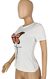 White Casual Polyester Animal Graphic Short Sleeve Round Neck Tee Top YYZ844