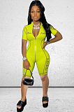 Yellow Modest Polyester Letter Short Sleeve Front Zipper Bodycon Jumpsuit YS367