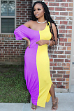 Pink Yellow Casual Short Sleeve Spliced High Waist Long Dress TRS1018