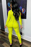 Yellow Modest Polyester Letter Long Sleeve Front Zipper Bodycon Jumpsuit YS368