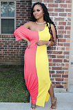 Pink Yellow Casual Short Sleeve Spliced High Waist Long Dress TRS1018