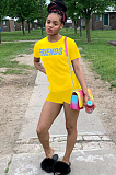 Golden Yellow Casual Letter Short Sleeve Round Neck Tee Top Shorts Sets F8284