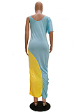 Yellow Black Casual Short Sleeve Spliced High Waist Long Dress TRS1018