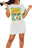 Yellow Casual Polyester Cartoon Graphic Round Neck Mini Dress TRS792