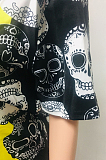 Black Casual Polyester Skull Pattern Letter Short Sleeve Round Neck Tee Top Capris Pants Sets NK129