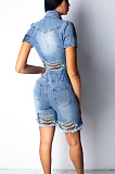 Blue Casual Geometric Graphic Short Sleeve Button Front Ripped Romper F8190