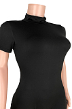 Black Casual Polyester Short Sleeve Mock Neck Zip Back Romper GL6271